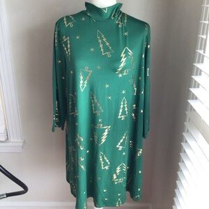 NWT Jollidays 3/4 Sleeve Mock Neck Dress with Gold Christmas Trees